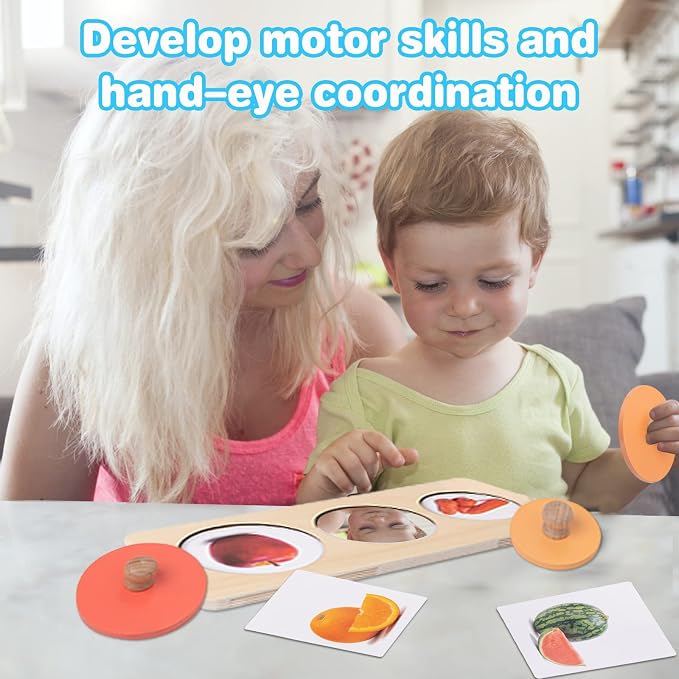 Twefex Baby Puzzles 12-18 Months - Montessori Multiple Shapes Knob Wooden Puzzles for Toddlers 1-3 - Peekaboo Photo Puzzle with Baby Mirror & 10 Real-Life Cards