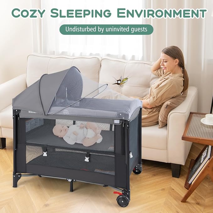 INFANS Baby Bassinet, 4 in 1 Pack and Play Baby Playard with Changing Table, Mosquito Net, Storage Basket, Travel Bag for Newborn 0-36 Months