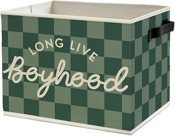 Long Live Boyhood Boys Storage Bins Box with Handles, Green Checkered Pattern Collapsible Basket Organizer for Kids Teen Boy Nursery Room Bedroom Bathroom Playroom Toys Books Clothes