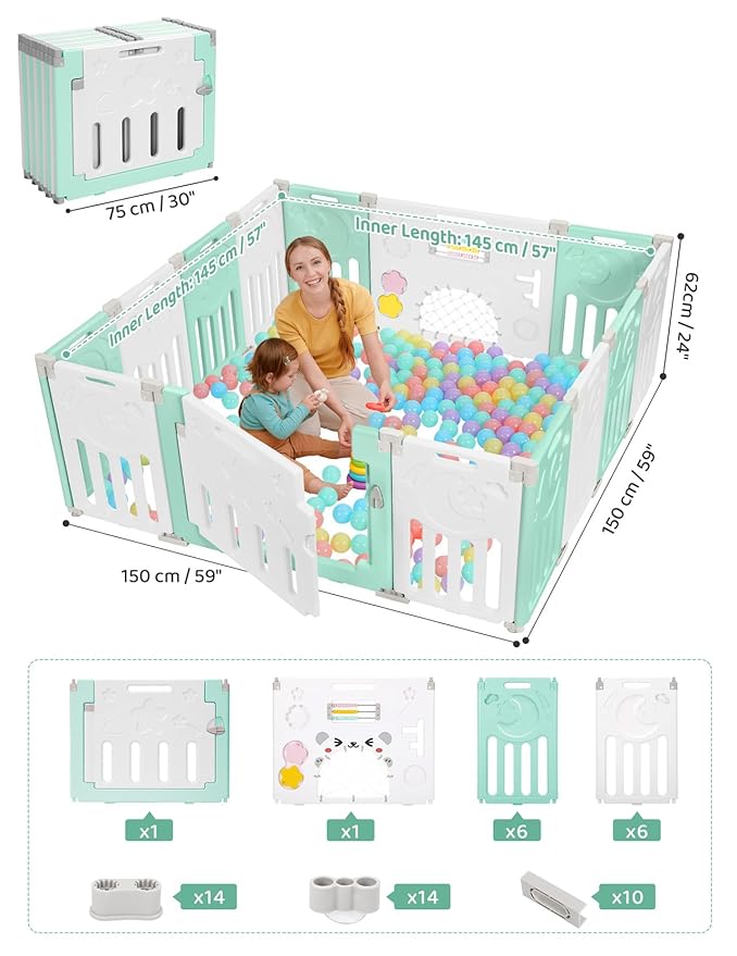 Baby Playpen, Dripex Baby Playard for Babies and Toddlers, 14-Panel Foldable Playpen Adjustable Portable Play Area, Indoor/Outdoor Kids Active Center with Game Panel & Safety Gate, Light Green White