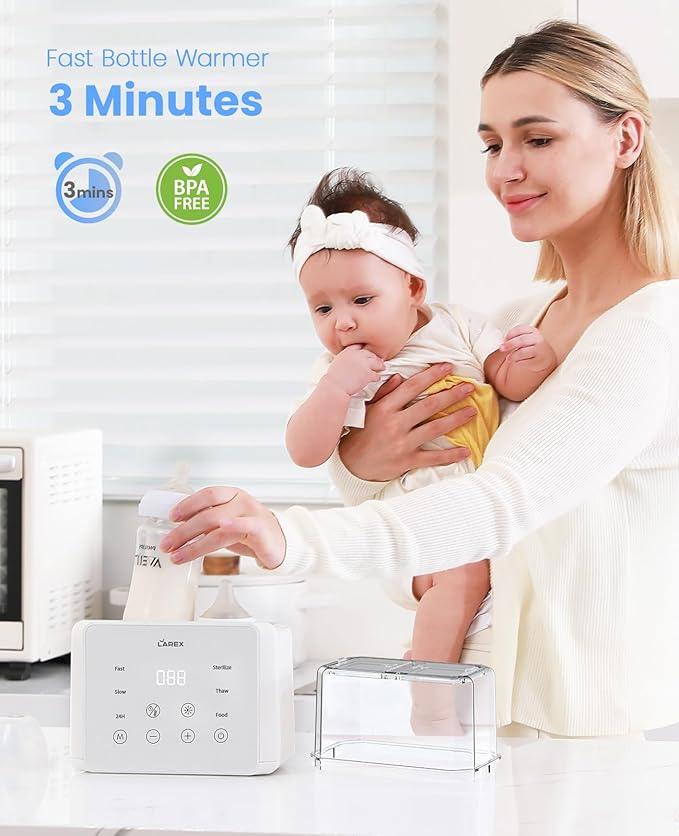 LAREX Double Bottle Warmer, 11-in-1 Fast Baby Bottle Warmer for Breastmilk and Formula, with Timer, Fits 2 Bottles, Accurate Temp Control, Milk Warmer with Thaw, Steri-lizing, Keep Warm, Heat Food