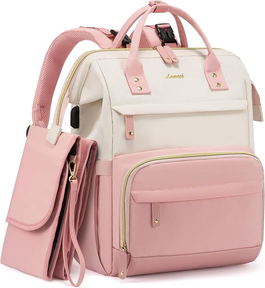 LOVEVOOK Diaper Bag Backpack, Baby Bag with Changing Station, Large Diaper Backpack for Moms Dads, Waterproof Leather Accents Baby Boy and Girl Bag for Travel Baby Essentials, Pink-Beige