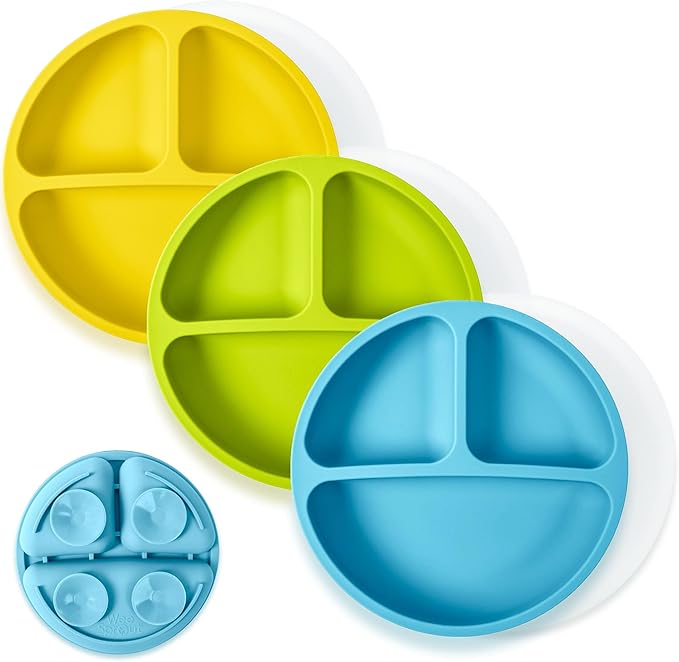 WeeSprout Suction Plates with Lids for Babies & Toddlers - 100% Silicone, Dinnerware Stays Put, Divided Design for Picky Eaters, Microwave & Dishwasher Friendly, 3 Pack