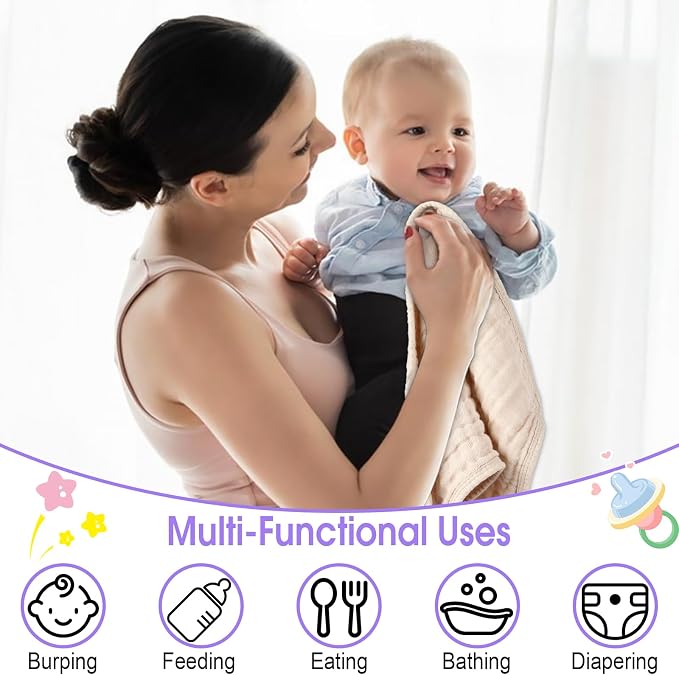 10 Pack Muslin Burp Cloths for Baby Girls 100% Cotton 20x10 Inch Popular Girl Colors Set Purple Pink Beige Brown White Soft Absorbent Newborn Infant Burping Cloths