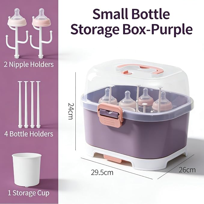 Baby Bottle Drain Rack, Feeding Cup Holder, Portable Large Capacity Toddler Bottles Storage Box with Lid Cover, Multifunctional Anti Dust Cutlery Storage Drying Rack for Teats, (Purple)