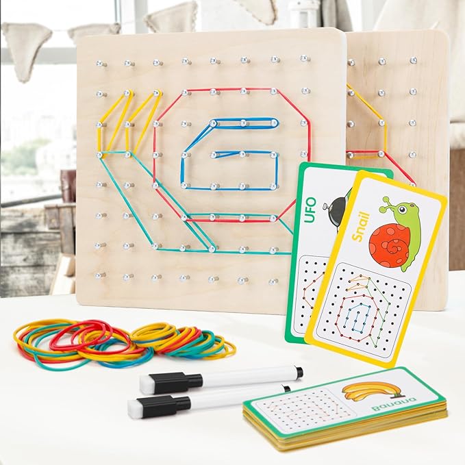 2Pack Wooden geoboards with Rubber Bands Montessori Toys, Mathematical Education Toy for Kids with Pattern Cards and geo Boards to Figures and Shapes, Brain Teaser STEM Toys for Classroom.