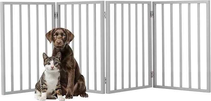 Pet Gate - 4-Panel Indoor Foldable Dog Fence for Stairs, Hallways, or Doorways - 72x24-Inch Retractable Wood Freestanding Dog Gates by PETMAKER (Gray)
