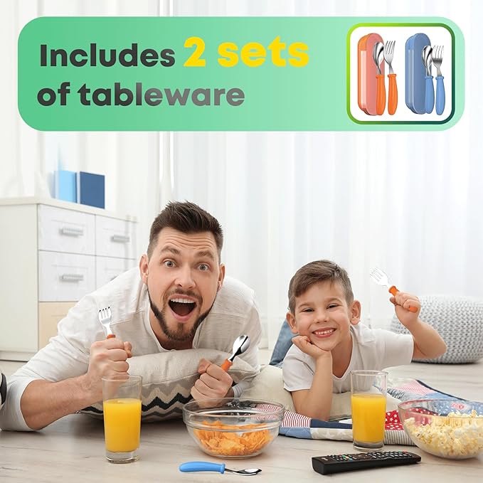 Toddler Utensils, Toddler Forks and Spoons, Baby Stainless Steel Silverware Set with Storage Box for Self Feeding Safe, Dishwasher Safe (2 Set with Case)