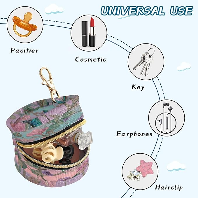 Pacifier Holder with Clip Pacifier Case for Diaper Bag Round Baby Pacifier Pouch Box Bag Portable Pink Flowers and Birds on The Branch