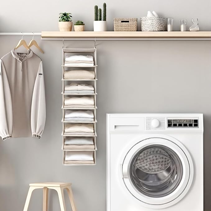 Tudomro 8 Tier Closet Organizer Hanging Canvas Clothes Storage Shelves with Metal Hooks for Rod Wire Foldable Breathable Beige 28" L x 8" D x 11.5" H Closets for Sweaters and Clothing