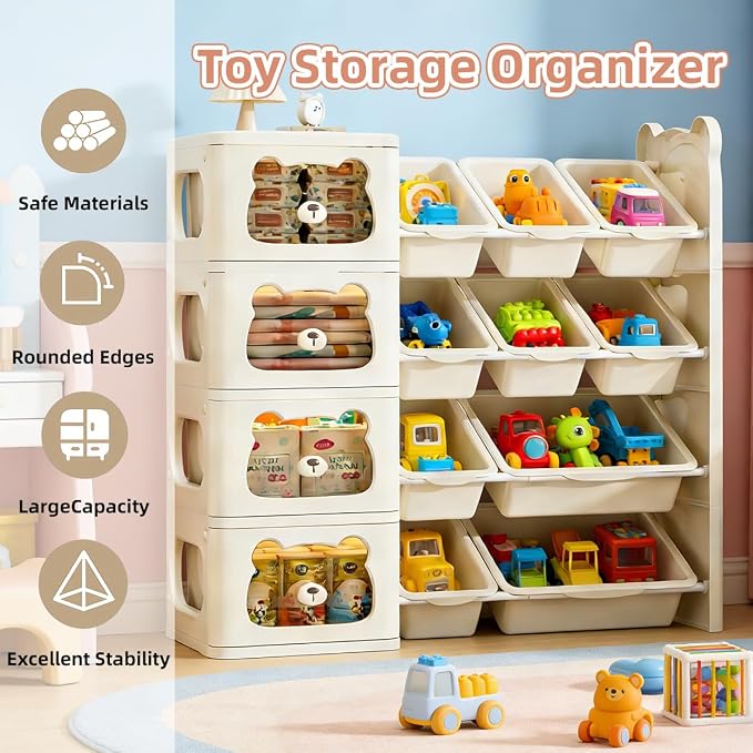 Toy Storage Organizer with 4 Drawers and 10 Bins, 4-Tier Bookshelf with Removable Storage Bins, Cute Bear Cartoon Design, Sturdy Organizer for Playroom, Nursery, Classroom