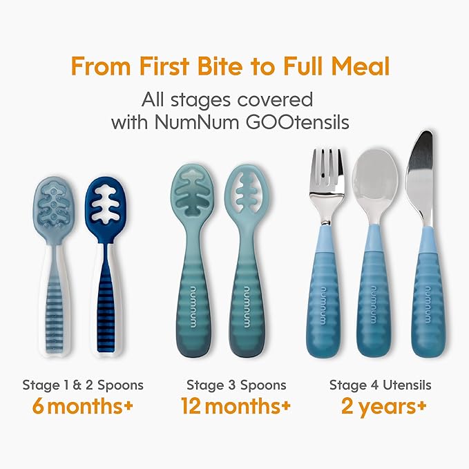 NumNum Toddler Utensils Set, 4th Stage Kids Silverware for 2+ Years, Pre-Spoon, Fork, Spoon & Knife GOOtensils with Stainless Steel Heads, BPA-Free Silicone Toddler Feeding Essentials, 3-Pack Green