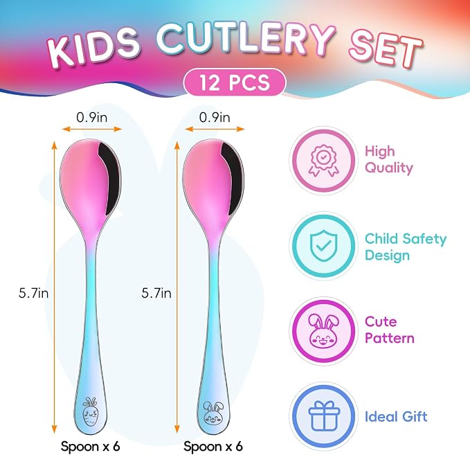 Stainless Steel Rainbow Toddler Spoons Set - 12 Pieces Food Grade Kids Spoons Set Safe Kids Silverware Children Small Spoon Metal Toddler Utensils Mirror Polished Sturdy and Durable Dishwasher Safe