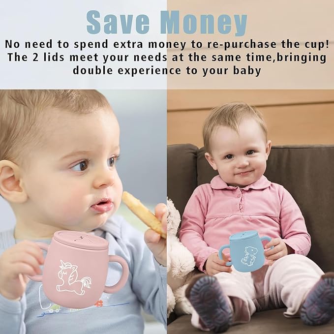 Silicone Straw Cup with Handles,2 PACK Silicone Baby Sippy Cups,Snack Cups for Toddlers,Dual-Purpose Toddler Training Cups,3 Stages Training Cup Dishwasher Safe and BPA Free 9 oz (PINK+BLUE)