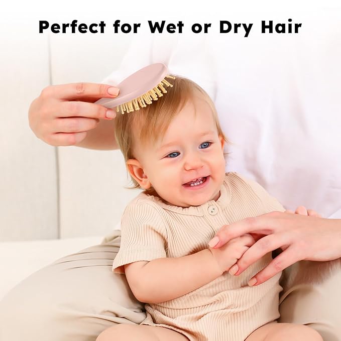 Yoofoss 4 Piece Baby Hair Brush and Comb Set，Wooden Baby Hair Brush with Natural Ultra Soft Goat Hair, Baby Comb Set for Boy, Girl - Pink
