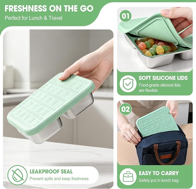 4 Pack Stainless Steel Snack Containers with Silicone Lids, Leakproof Bento Snack Boxes, Reusable 4 Compartment Metal Lunch Containers, Dishwasher Safe Food Storage for Meal Prep, Work & Travel