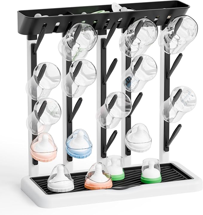 Yieach Larger Baby Bottles Drying Rack for 20 Bottles,Space Saving Feeding Drying Rack for Baby Bottles for Countertop,Vertical Baby Bottle Holder & Storage Station for Pacifiers,Breast Pump,Black