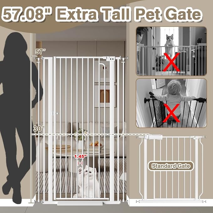 57" Extra Tall Cat Gate for Doorways, 29.5"-33.4" Tall Pet Gates for Cats Walk Through, Auto Close High Baby Gates with Door, Child Safety Gate Indoor Stairs, Cat Proof Gate for Dogs, White