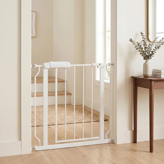 Narrow Baby Gate 24-29" Dog Gate Pressure Mounted Indoor Safety Gate for Stairs, Doorways, Hallways, No Drilling White Metal Pet Gate for Kids & Pets
