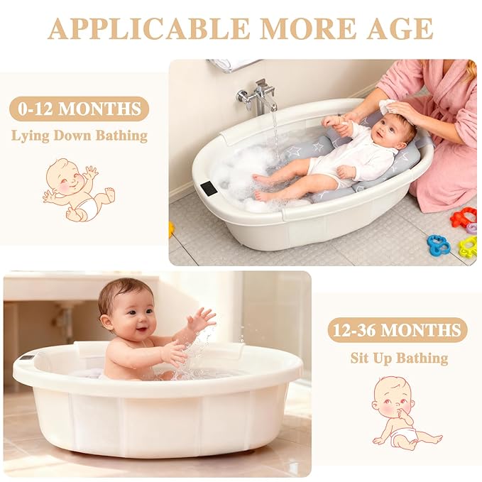 Baby Bathtub, Baby Bath Tub with Thermometer & Soft Cushion, Collapsible Infant Bathtub for Newborn to Toddler 0-36 Months, Quick Use & Portable for Travel(White)