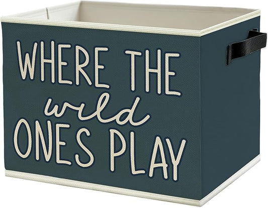 Olive Blue Boho Classroom Storage Bins Box with Handles, Where the Wild Ones Play Collapsible Basket Organizer for Kids Playroom Nursery Bedroom Bathroom Toys Books Clothes