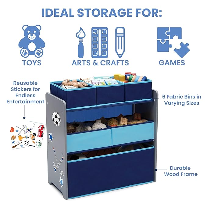 Delta Children Design and Store 6 Bin Toy Organizer, Grey/Blue