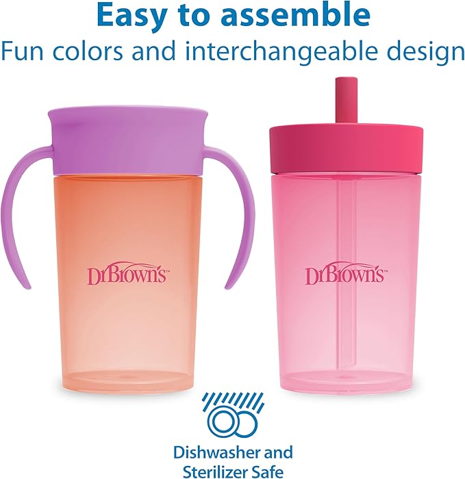 Dr. Brown's Milestones Straw to 360 Convertible Toddler Training Cup Set with Interchangeable Silicone Straw and 360 Degree Cup Lids, Pink Coral, 10 oz/300 mL, BPA-Free, 9m+, 2-Pack