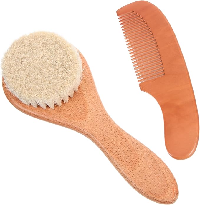 Kisangel 3sets Wool Hair Brush and Comb Newborns Gentle Bathing Brush Ergonomic Handle Comb and Round Wool Cradle Cap Care and Scalp Cleaning