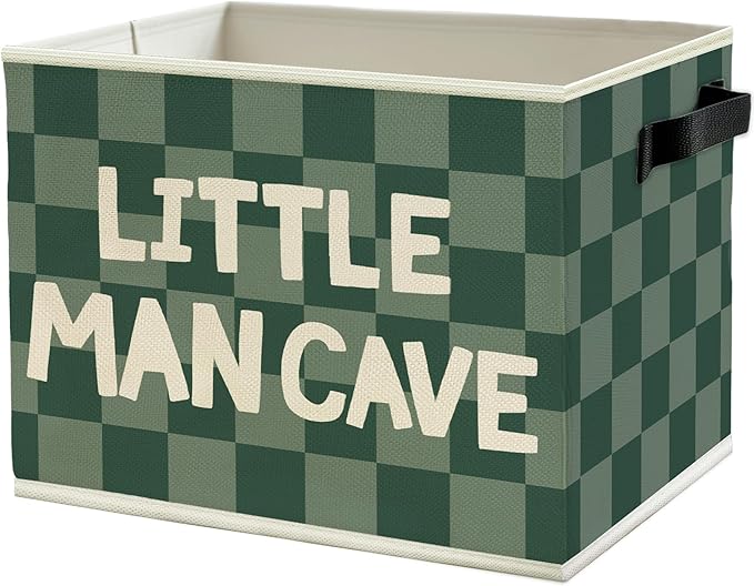 Little Man Cave Boys Storage Bins Box with Handles, Green Checkered Pattern Collapsible Basket Organizer for Kids Boys Playroom Nursery Room Bedroom Bathroom Toys Books Clothes