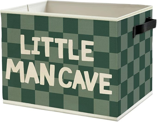 Little Man Cave Boys Storage Bins Box with Handles, Green Checkered Pattern Collapsible Basket Organizer for Kids Boys Playroom Nursery Room Bedroom Bathroom Toys Books Clothes