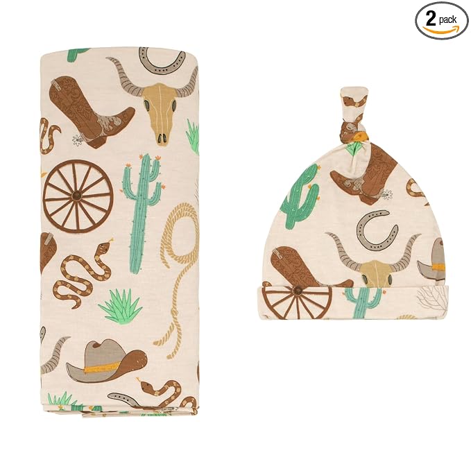 Little Sleepies Swaddle & Hat Set, Baby Swaddles Newborns, Soft Viscose from Bamboo Swaddle Blanket Wrap (Caramel Ready to Rodeo)