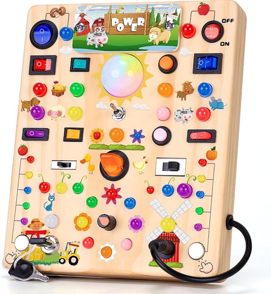 Busy Board with LED Light Switches, Montessori Toys for 1 2 3 Years Old (Farm 19 Switches)