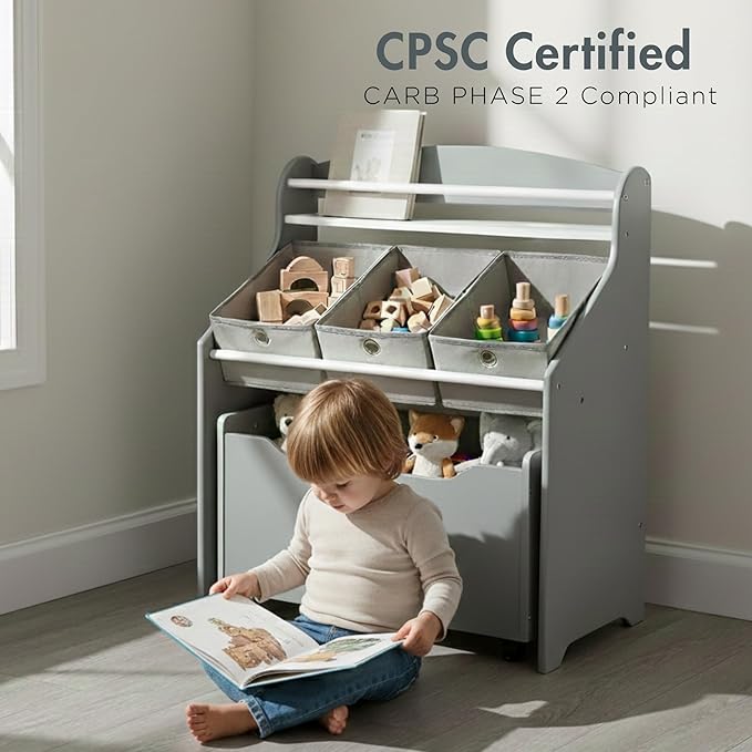 Humble Crew 3-in-1 Kids Bookshelf and Toy Storage Organizer, Grey - Toddler Organizers with Rolling Toy Box and 3 Fabric Bins ??Sturdy Baby Book Shelf, Perfect for Nursery and Playroom