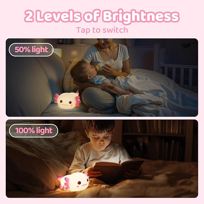 Mewaii Huggwaii Squishy Axolotl Night Light for Kids ??Dimmable Silicone Axolotl Lamp, 2025 Upgraded Baby Night Light, Rechargeable, 20H Battery Life, Sleep Aid Gift for Toddlers, Girls&Room Decor