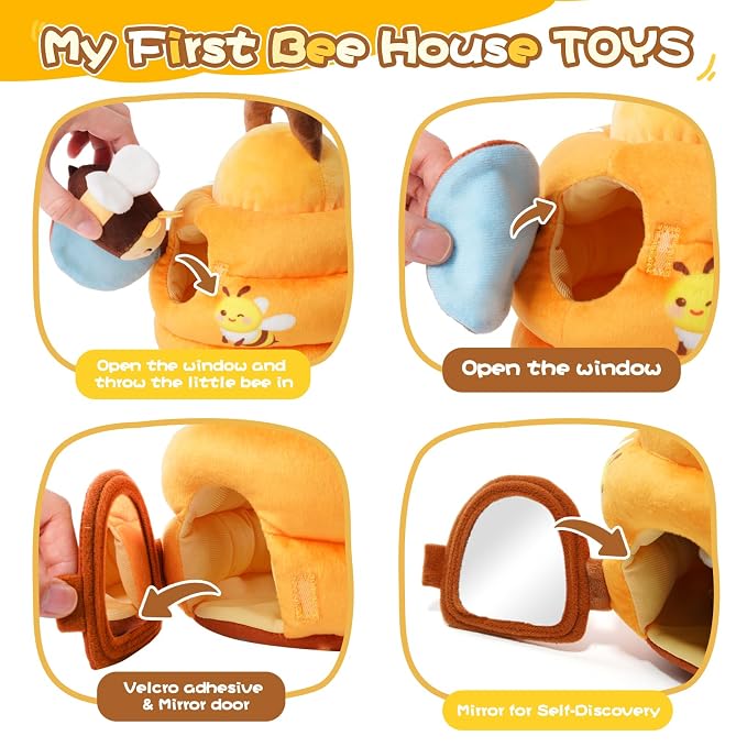 Koty Baby Toys 6-12 Months,Bee House Sensory Learning Toy, Beehive wtih wtih rattles, Squeaker, Mirror,5pcs Yellow Plush Bees, Educational Montessori Toy for Infants 6-12 Months