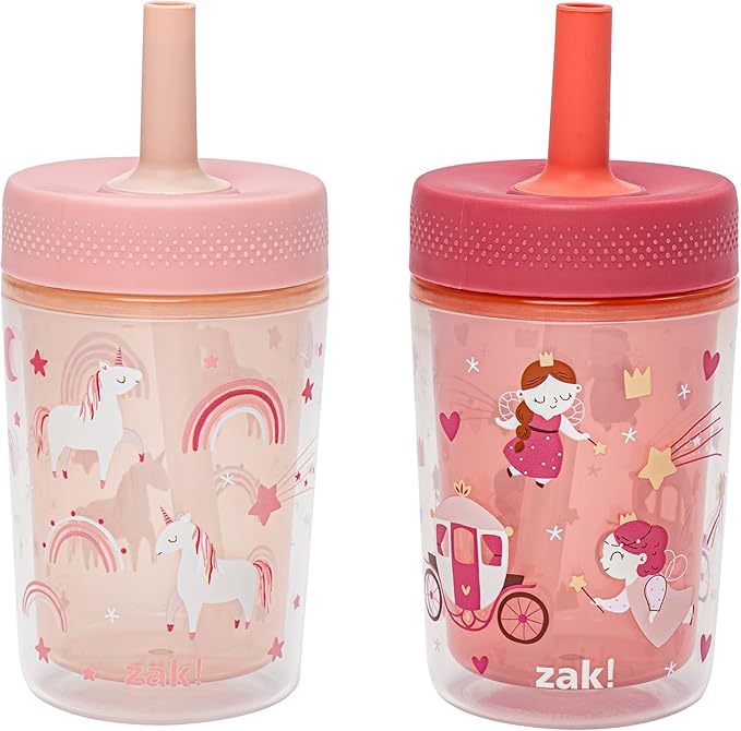 Zak Designs Capri Toddler Tumblers For Travel or At Home, 9oz 2-Pack Double Wall Plastic Sippy Cups With Leak-Proof Design is Perfect For Kids (Fairy Tales, Rainbow Magic)