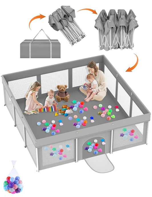 Foldable Baby Playpen 71"×71", Playard for Babies and Toddlers, Portable Safety Toddler Fence Lightweight,No Installation, Indoor & Outdoor Play Yard with Ocean Balls*150, Grey