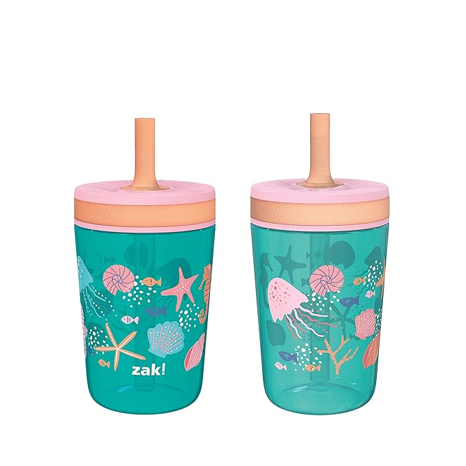 Zak Designs Kelso 15 oz Tumbler Set, (Shells) Leak-Proof Screw-On Lid with Straw Made of Durable Plastic and Silicone, Perfect Cup Bundle for Kids (2pc Set)