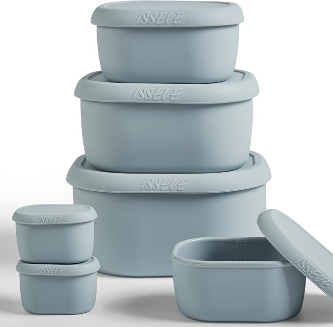 ISSEVE 6Pcs/Set Nesting Silicone Food Storage Containers with Lids, BPA Free Reusable Meal Prep Silicone Containers Lunch Box Bento Box Set (33.8oz, 20oz, 10oz, 6.7oz, 1.3oz) (Grey)