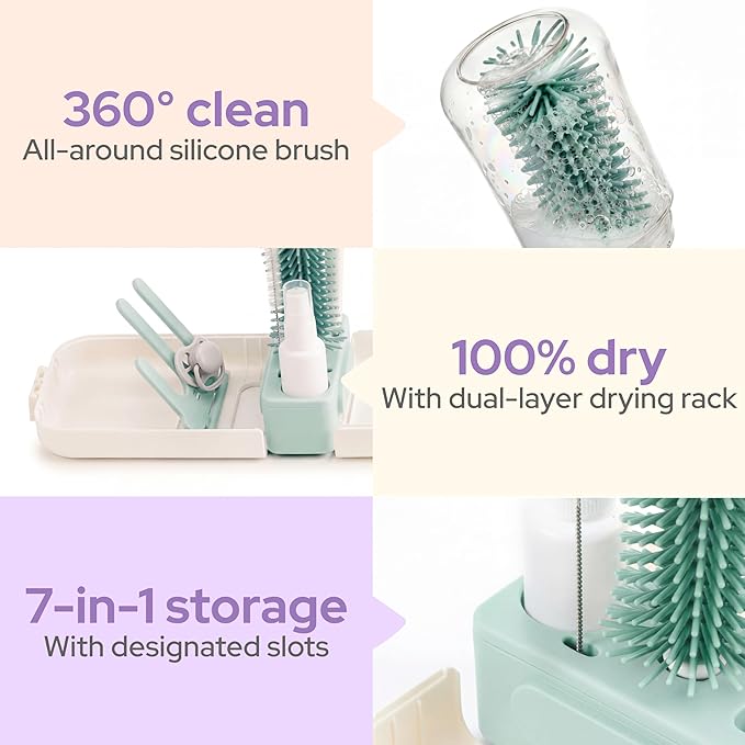 lalalark 7-in-1 Baby Bottle Brush Set, BPA Free Silicone Baby Bottle Cleaning Kit with No Scratch Dual-Headed Brush, Nipple Brush,Soap Dispenser & Drying Rack,Travel Cleaner Set with Storage Case,Mint