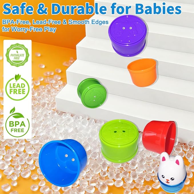 WEEJOYGAM Baby Stacking Cups, Nesting Stacking Toys for Toddlers 1-3 Montessori Toys for 1 Year Old Gift, Kid Water Bath Toys for Babies 6-12 Months Developmental Cause and Effect Color Sorting Blocks