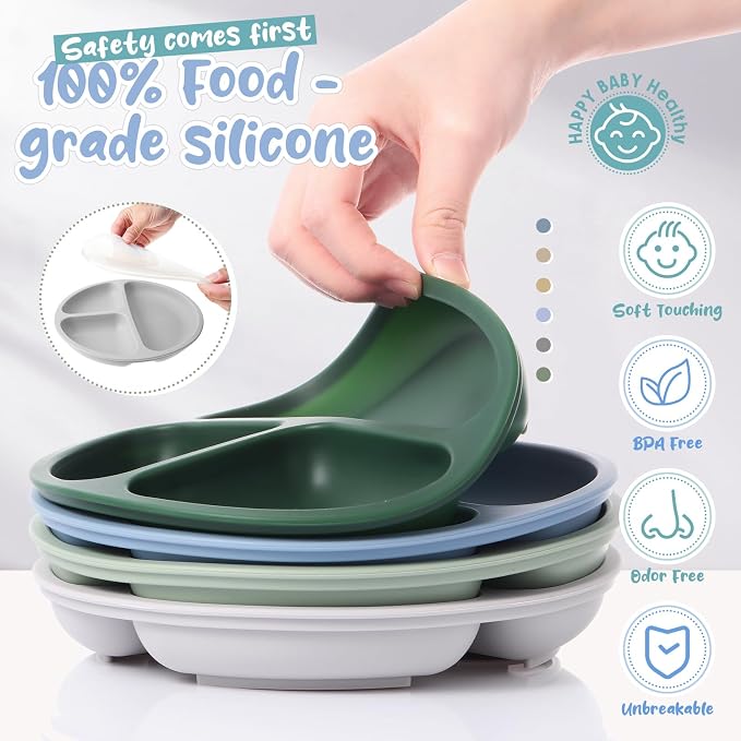 Meanplan 6 Pack Suction Plates for Toddlers with Lids Silicone Baby Plates set Food Grade Silicone Divided Design Microwave and Dishwasher Safe Assorted Colors(Mixed Colors)