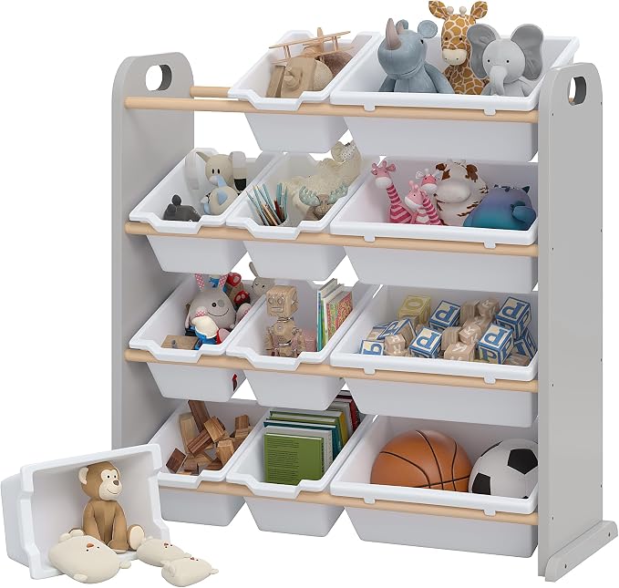 VECELO Kids Bookshelf Toy Storage with 12 Bins, Wooden Toy Rack for Toddlers, Large-Capacity Playroom Storage for Books, Toys, and Stuffed Animals, Grey