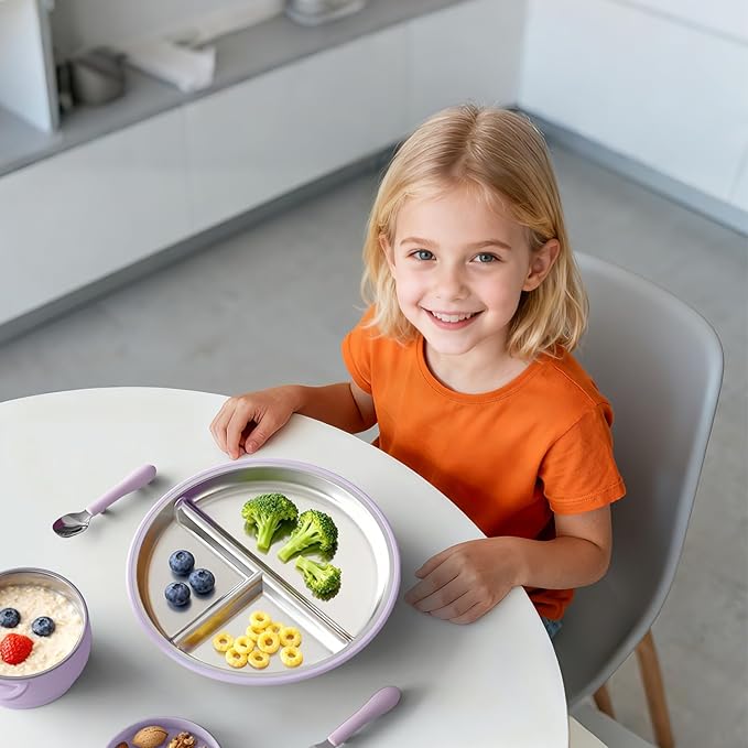 Bakpoco Stainless Steel Baby Plate with Suction, 9??Divided Toddler Plates with Removable Silicone Sleeves for Kids, Non-Toxic Non-Slip Unbreakable Dishwasher Safe Dinnerware Set of 2, Pink & Lilac