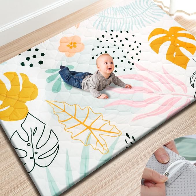 TINYHARBO Premium Foam Baby Play Mat 74x50 ??Removable & Machine Washable Cover, Extra Thick Padding Playpen Mat, Non-Slip Crawling Mat, Easy to Clean for Infants, Toddlers & Babies