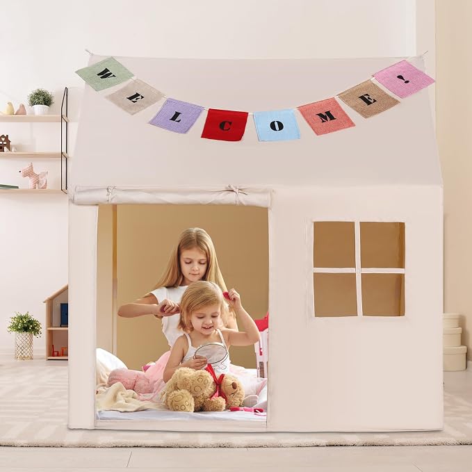 Kids Play Tent Large Playhouse Indoor Outdoor Play House Tent for Boys Girls Toddlers Castle Tents with Banners (Beige(with One Window))