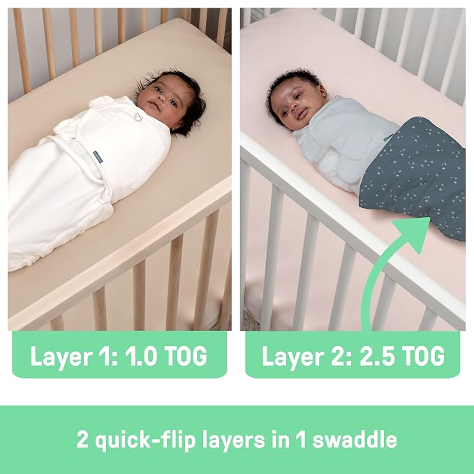SwaddleMe by Ingenuity All Season Baby Swaddle, 2 Quick Flip Layers to Change from 1.0 to 2.5 TOG, Size 0-3 Months, 7-14 Pounds - Dream Waves