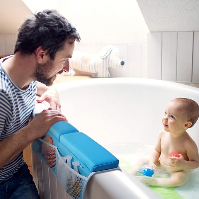 beiens Bath Kneeler and Elbow Rest Pad Set, 1.5'' Thick Quickly Dry Kneeling Pad and Elbow Support, Support Large Baby Bathtub Bath Mat Kneeling Pad with Toy Organizer for Baby Bathing Time (Blue)