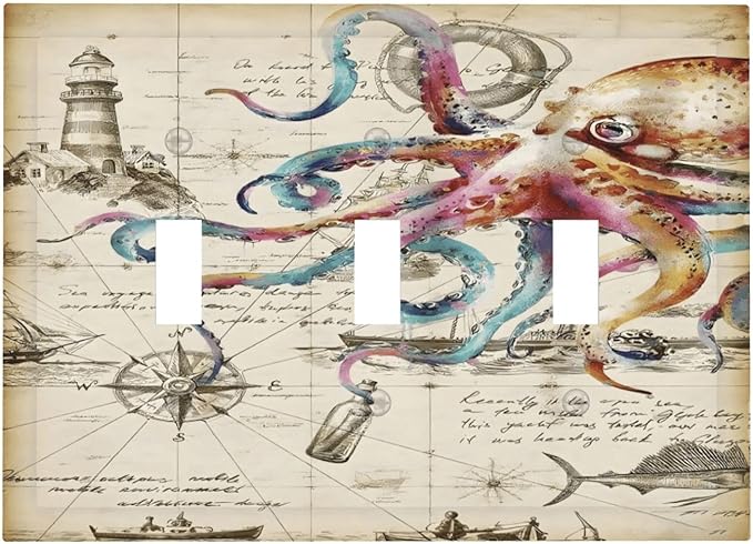 Cool Colorful Nautical Octopus Ocean Kraken Vintage Decorative Switch Plates 3 Gang Wall Plate Triple Toggle Light Switch Cover Faceplate Electrical Wall Panels for Bathroom Farmhouse Decor
