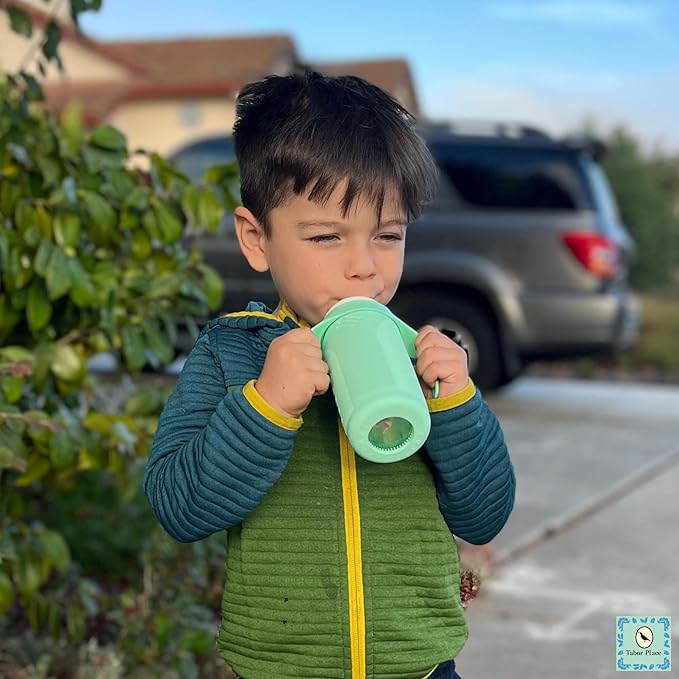 Tabor Place Set of 2 - Glass Sippy Cup for Toddlers - The Luca | Spill-Proof | Silicone Straw | Mint Green & Orange | 8 oz | Liquids Never Touch Plastic | Removable Handles??(orange)